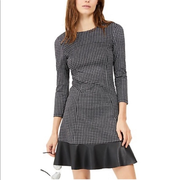 MICHAEL Michael Kors Black/White Plaid Faux Leather Ruffle Hem Dress NEW  plus 3X